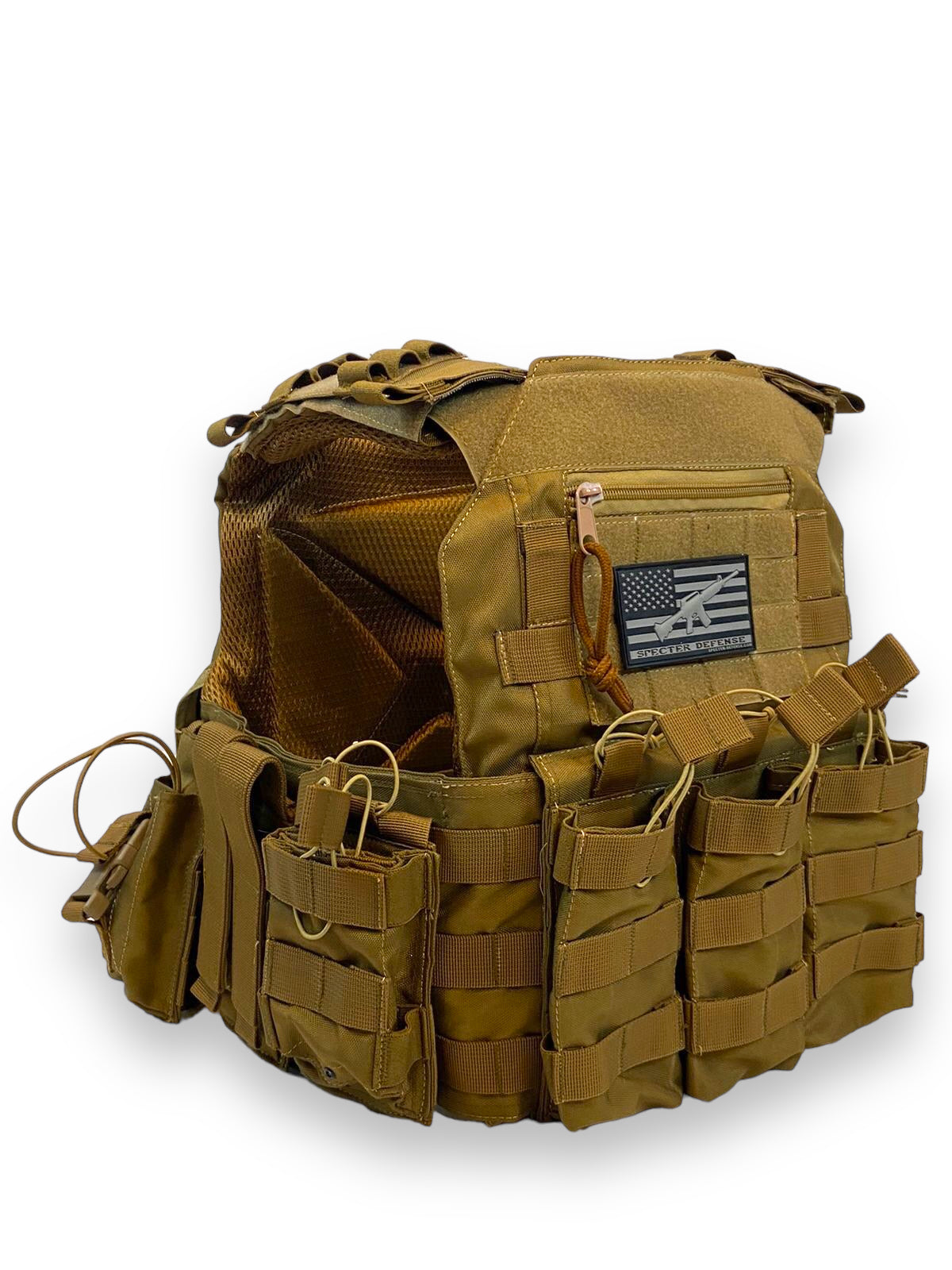 Khaki colour bandolier, plate carrier, specter defense, specter defence, plate carrier, bullet proof vest